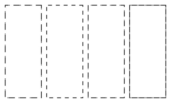 Set of rectangle shapes with dashed lines. Dotted geometric figures isolated on white background. Cut here pictograms for paper coupons or sale tags. Vector outline illustration.