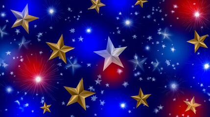 Colorful star pattern illustration featuring various shapes and sizes of stars in red, gold, silver, and white against a black background, creating a vibrant and festive atmosphere