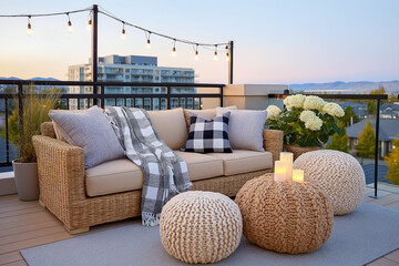 Cozy outdoor lounge area featuring stylish seating with cushions, decorative poufs, and ambient lighting, surrounded by greenery and modern architecture, perfect for relaxation and social gatherings