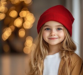 Portrait of beautiful cheerful girl in red hat on Christmas background with empty space for text