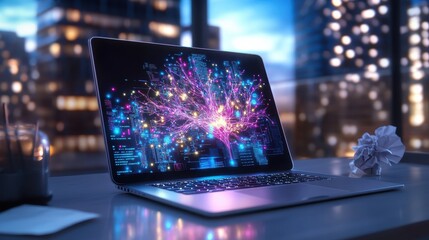 Laptop with digital neural network visualization in office at night