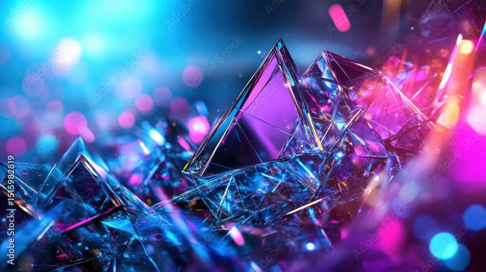 Poster numerous crystal structures reflecting light on dark background