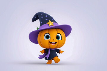 Cute pumpkin character wearing a black wizard hat with stars, smiling and posing cheerfully, embodying the spirit of Halloween and festive celebrations in a playful manner