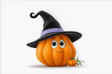 Cute pumpkin character wearing a black wizard hat with stars, smiling and posing cheerfully, embodying the spirit of Halloween and festive celebrations in a playful manner