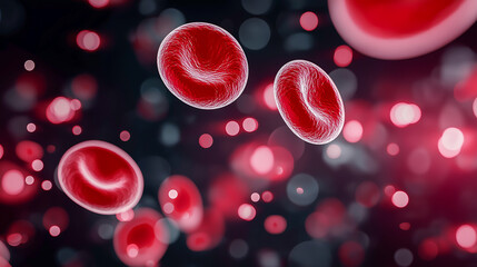 Abstract illustration of red blood cells floating in a vibrant red background, showcasing the intricate details of cellular structures and the dynamic nature of blood flow in a biological context