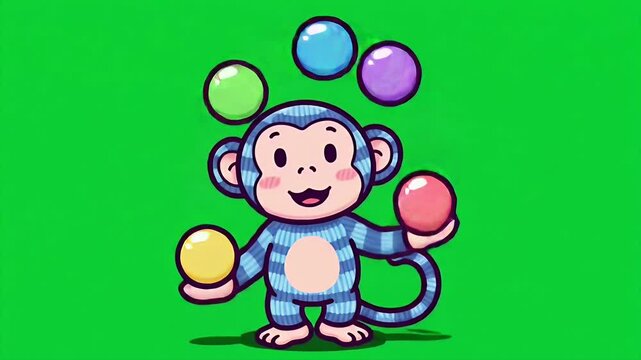 Cartoon Striped Monkey Juggling Colorful Balls on Green Screen Background in Playful 2D Animation Isolated for Versatile Creative Designs