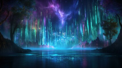 Obraz premium Ethereal night landscape with trees and light streaks