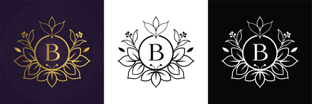 Luxury floral monogram letter B with lotus motif in three color variants