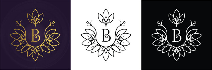 Floral lotus monogram letter B in gold black and white variations