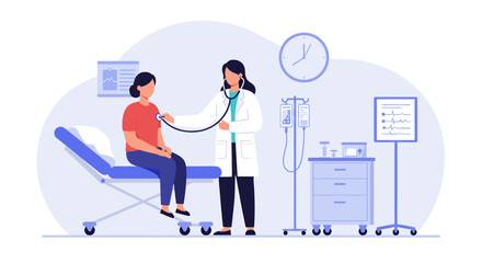 Flat vector illustration of a female doctor examining a patient with a stethoscope in a clinic or hospital room. Ideal for medical checkups and healthcare