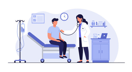 Flat vector illustration of a female doctor examining a patient with a stethoscope in a clinic or hospital room. Ideal for medical checkups and healthcare