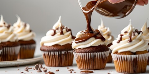 Pastry chef pouring melted chocolate over delicious cupcakes