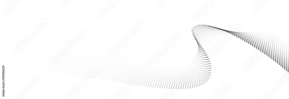 Poster Flowing dot particles wave pattern halftone black gradient smooth curve shape isolated on transparent background. Vector in concept of technology, science, music, modern.