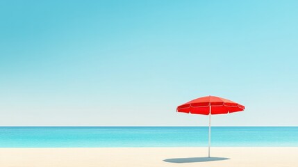 Red beach umbrella standing on serene ocean beach during daytime