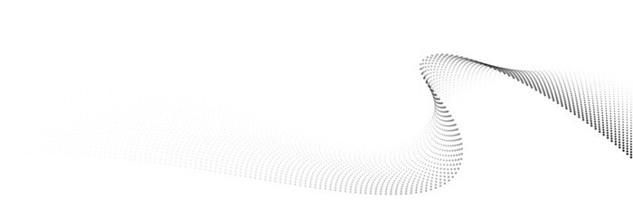 Flowing dot particles wave pattern halftone black gradient smooth curve shape isolated on transparent background. Vector in concept of technology, science, music, modern.