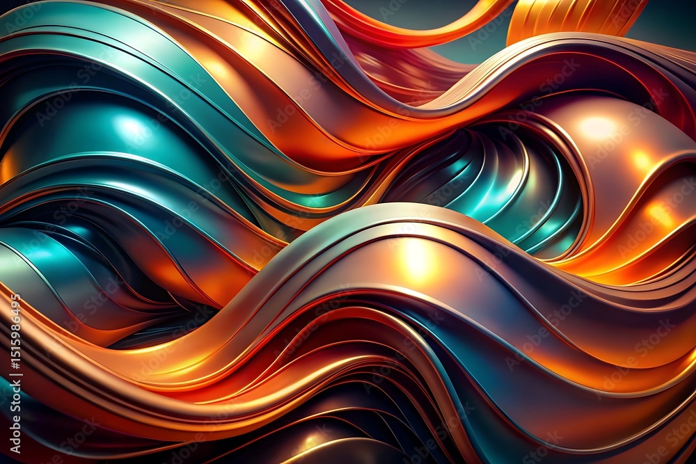Poster abstract metallic waves with iridescent teal and copper hues creating a dynamic and modern flowing b