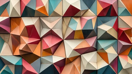 Obraz premium Geometric pattern featuring triangular shapes in shades of pink orange and teal creating a textured wall