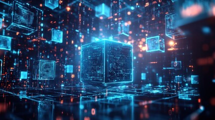Obraz premium Glowing cubes in abstract digital space at night