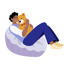 A flat style illustration showing a character hugging toy