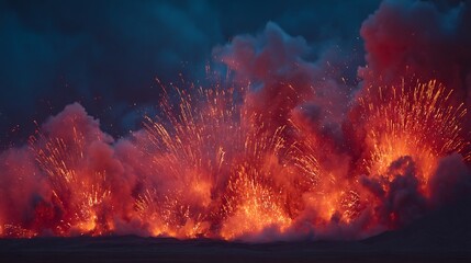 Volcanic eruption with fiery ejecta against a dark sky.