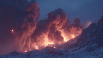 Volcanic eruption at night against a snowy mountain.