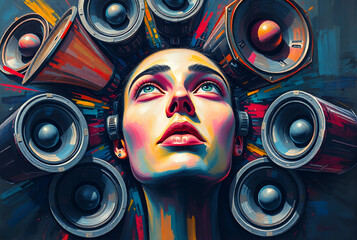 Overthinking and internal mental noise as a symbol of anxiety and compulsive rumination - Abstract art - A head filled with loudspeakers