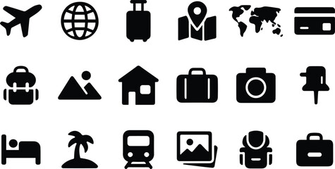 Global travel and tourism black icon set featuring transportation, destination, globe, passport, and luggage symbols