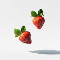 Two vibrant red strawberries with green leaves appear to float in mid-air against a plain white background.  A subtle shadow beneath each fruit accents the image