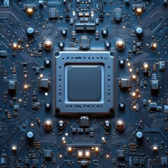 Fototapeta premium A detailed close-up of a metallic processor chip mounted on a vibrant blue circuit board, surrounded by various electronic components and intricate pathways.