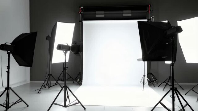 Photography studio setup with backdrop and studio lighting equipment for creative production and professional photography.