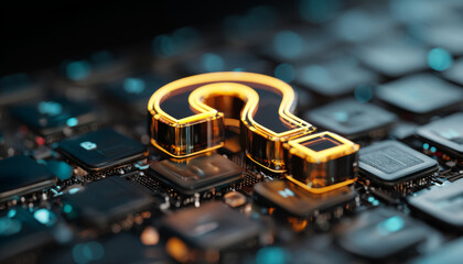Digital question mark symbol on computer keyboard tech environment