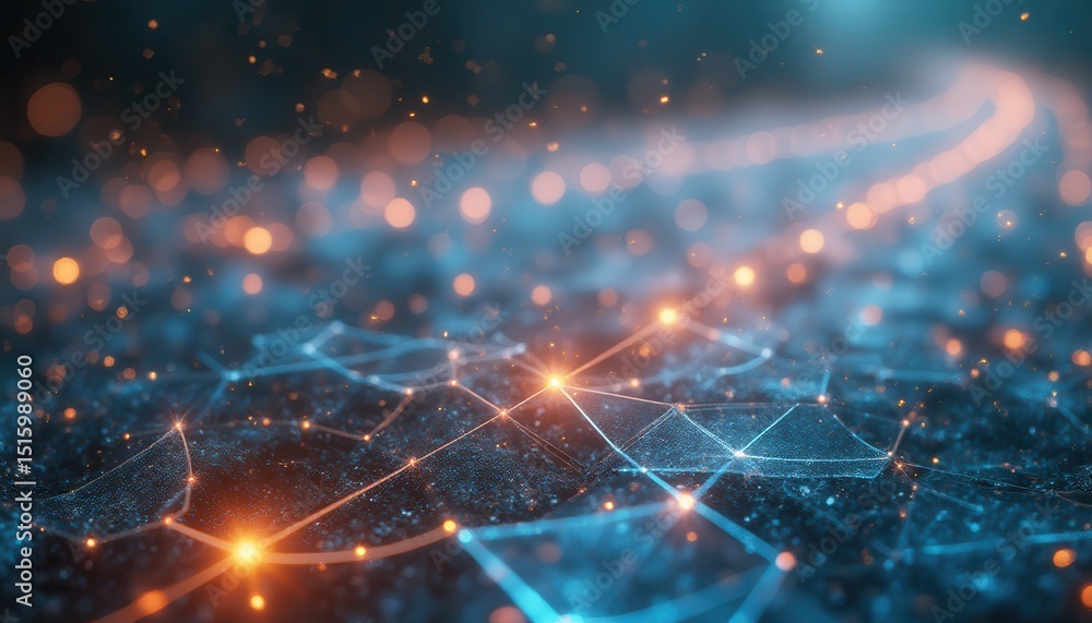 Poster abstract glowing network of nodes in digital environment at night