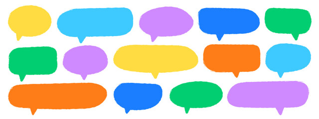 Set of crayon stickers, speech bubbles, text boxes icons