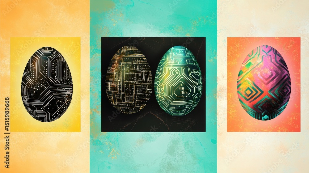 Poster decorative eggs with circuit board designs in abstract layout