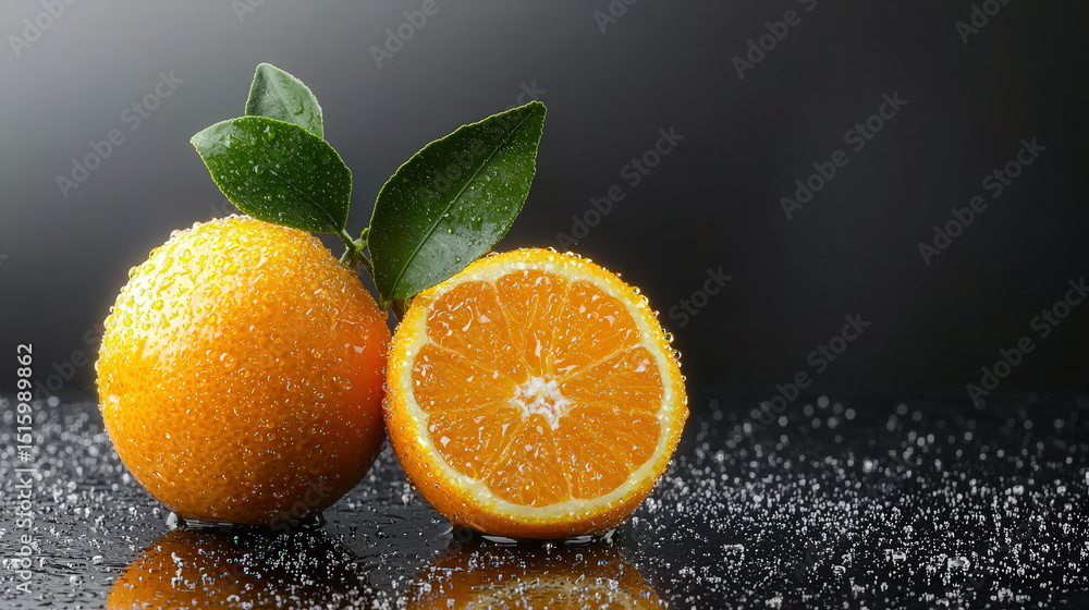 Poster fresh oranges with dewdrops on reflective surface, showcasing vibrant color and texture. sliced oran
