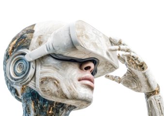 A detailed and realistic portrait of an AI humanoid robot with VR glasses, wearing intricate circuitry on its head and hands.