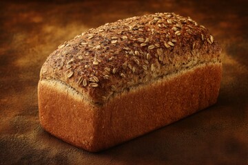 Freshly baked multigrain loaf bread on rustic table close-up