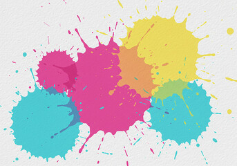 Abstract pink watercolor splash with colorful grunge paint drops, stains, and artistic ink splatters creating a vibrant illustration pattern