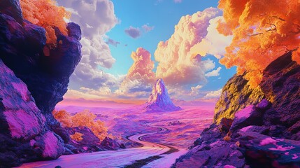 Dreamlike pastel mountains cape with vibrant clouds.
