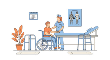 Adobe Illustrator Artwork Flat vector illustration of a caring female nurse assisting a disabled patient in a wheelchair in a clinic room. Emphasizes rehabilitation and medical support