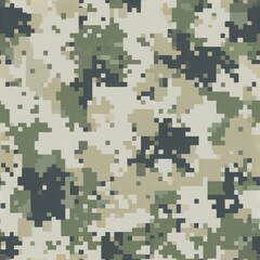 Seamless Digital Pixel Camouflage Pattern Texture in Neutral Tones of Green, Beige and Gray, Ideal for Military Gear and Tactical Apparel Design, Seamless and Repeatable Background, 140