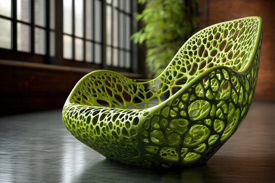 Modern Lime Green Voronoi Chair in an Industrial Loft: A Fusion of Organic Design and Urban Chic, Showcasing 3D Printed Furniture and Biophilic Interior Design Trends, Architectural Elegance