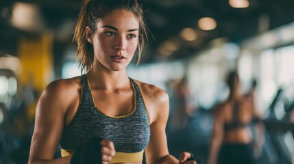 Fit young woman in sportswear smiling while working out on a crosstrainer during an exercise session in a health club 