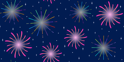 Naklejka premium Seamless pattern colorful and beautiful fireworks on dark background.