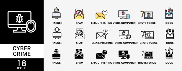 CYBER CRIME icon set with various styles and colors  of hacker, spam, email phishing, virus computer, ddos, brute force, trojan