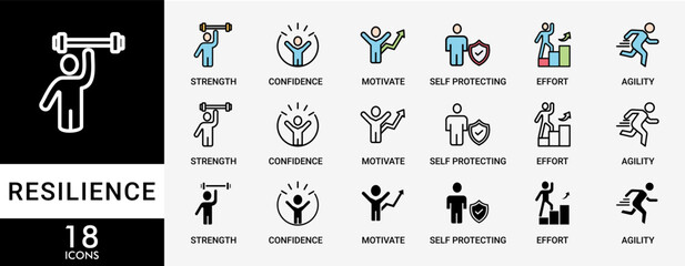 RESILIENCE icon set with various styles and colors  of the strength, confidence, motivate, self protecting, effort, change and agility