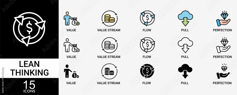 Poster lean thinking icon set with various styles and colors of define value, map value stream, create flow