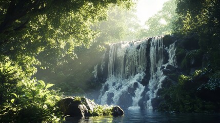 Serene Waterfall Cascading Through Lush Tropical Forest