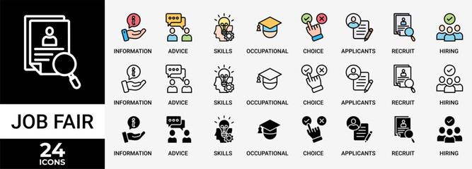 JOB FAIR icon set with various styles and colors  of the information, advice, skills, occupational, applicants, recruit, and hiring