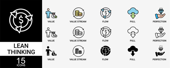 LEAN THINKING icon set with various styles and colors of define value, map value stream, create flow, established pull, and pursuit perfection